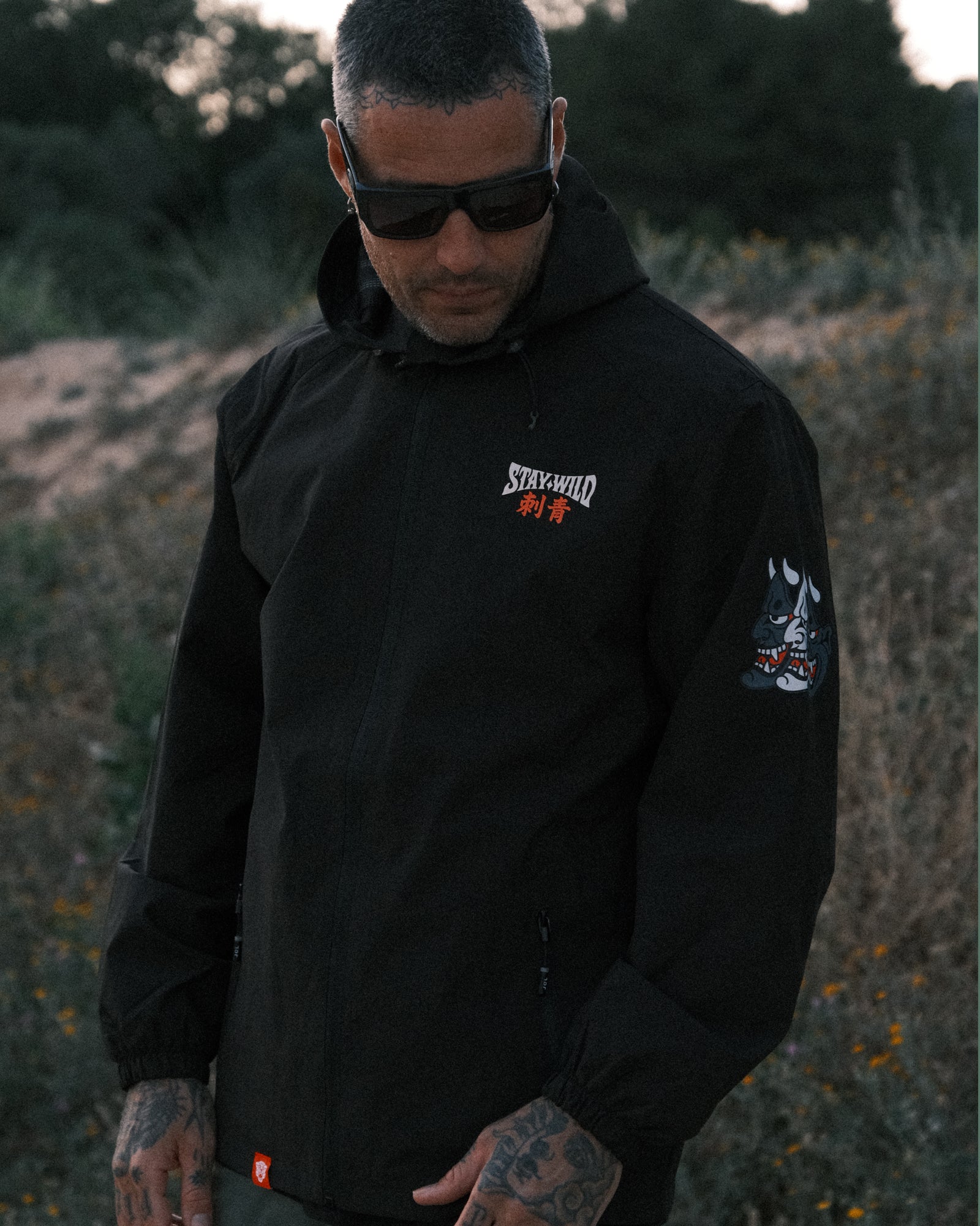Black windbreaker, with japanese tattoo design