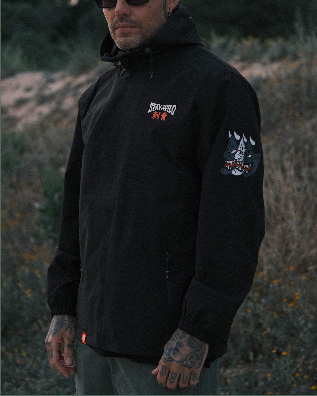 Black windbreaker, with japanese  Hanya tattoo design