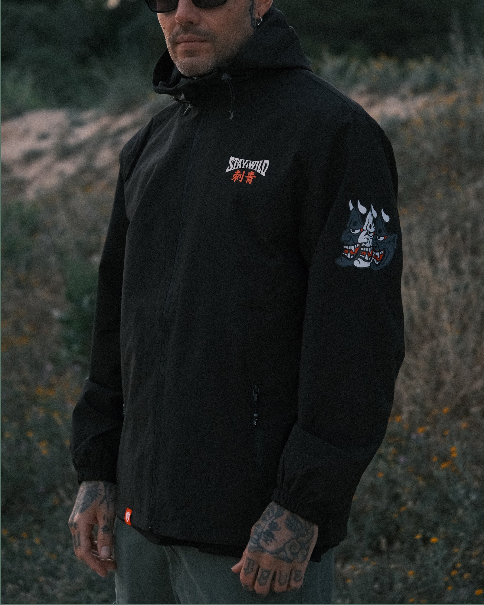 Black windbreaker, with japanese  Hanya tattoo design