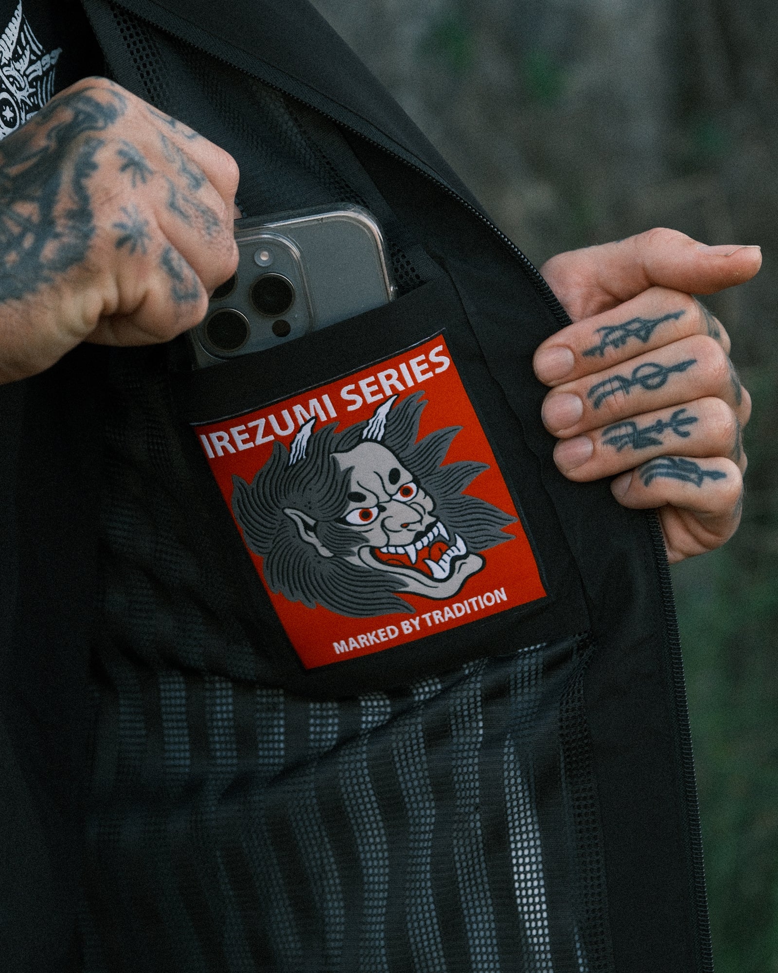 Black windbreaker, with japanese  Hanya tattoo design